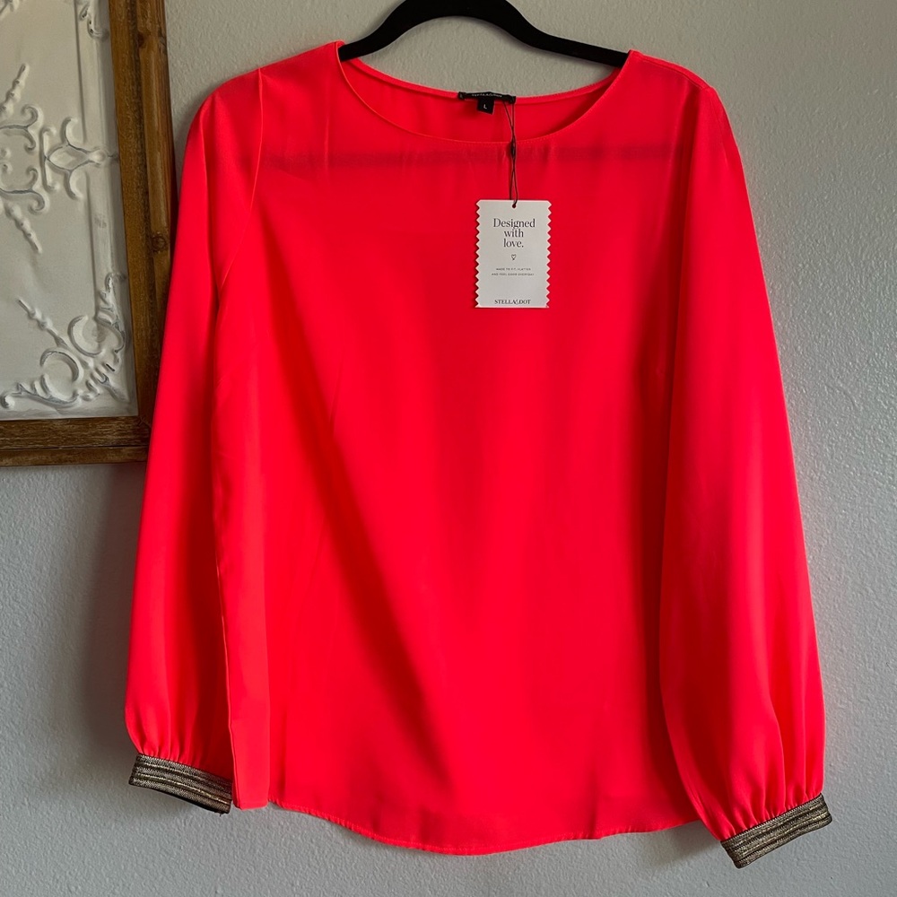 Stella & Dot Women’s Long Sleeve Sheer Blouse Size Large Coral NWT